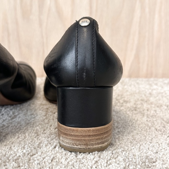 AGL Cap Toe Black Leather Pump Elastic Topline Block Heel - Picture 7 of 15
